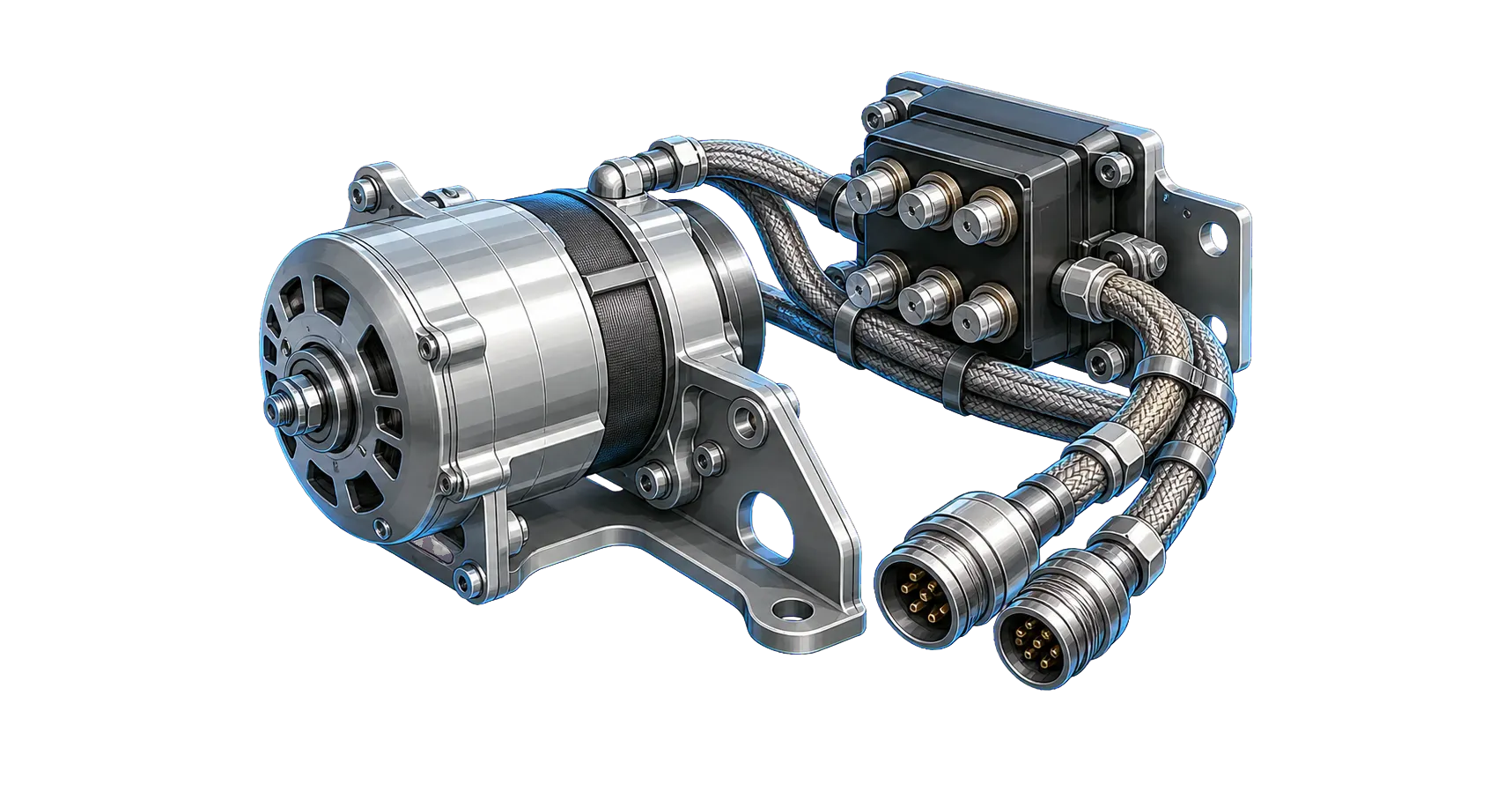 Technical illustration of an aircraft electrical generator and wiring assembly