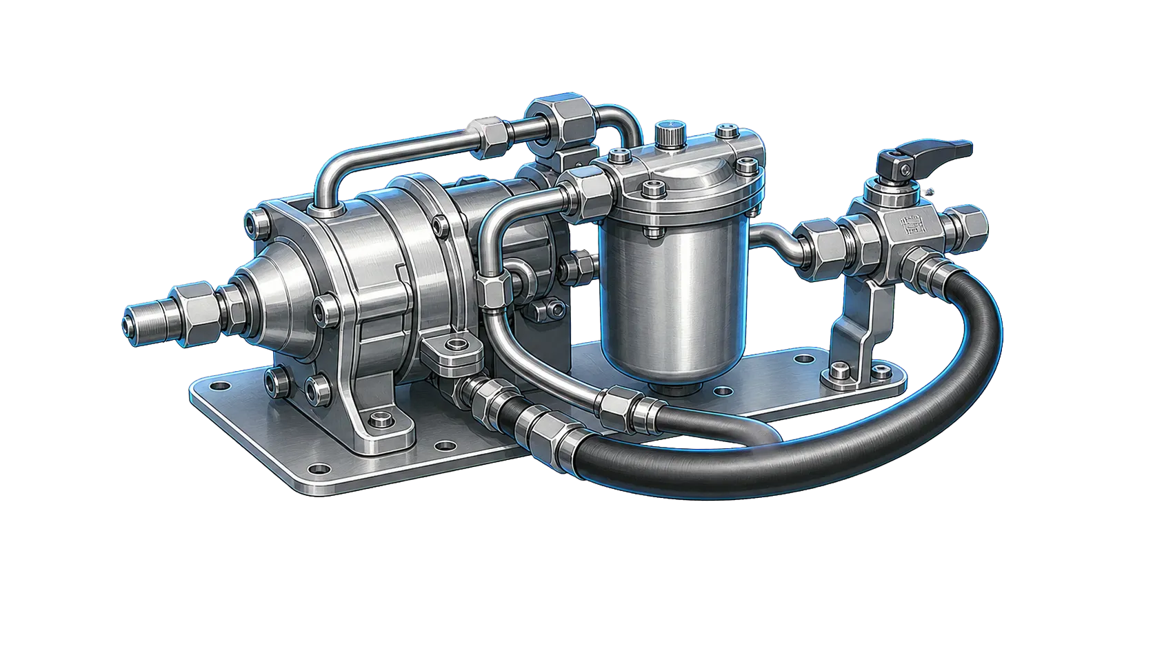 Technical illustration of an aircraft fuel pump, filter, valve, and lines